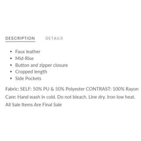 LBLC The Label Jen Faux Leather Vegan Trouser Cropped 6/8 Size Medium Black NWT - Picture 6 of 12